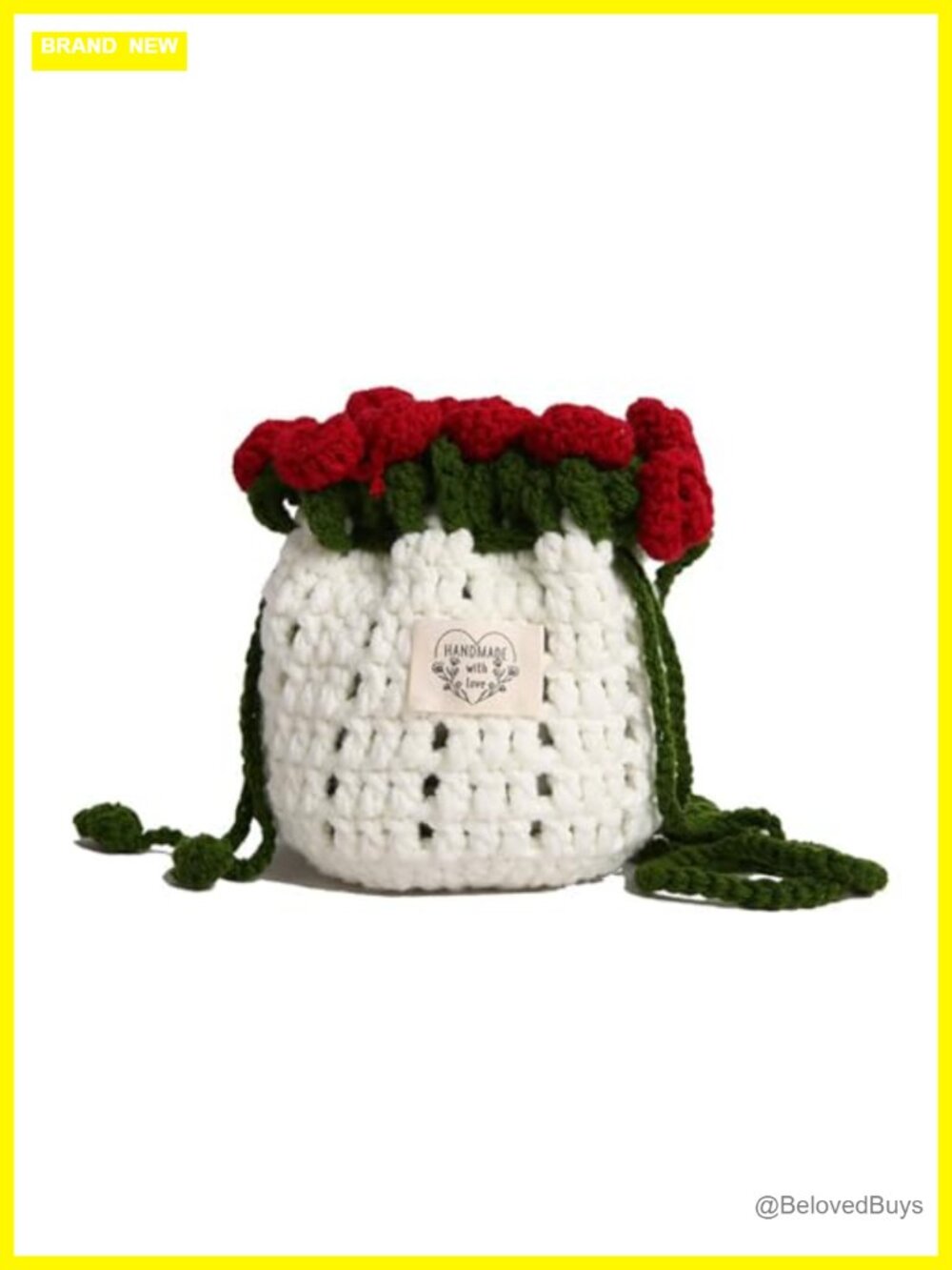 Handmade Crochet Rose Drawstring Crossbody Bag for Women